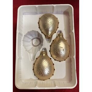 3 Vtg Christmas by Krebs Satin Gold w/Glitter Floral Teardrop Glass Ornaments
